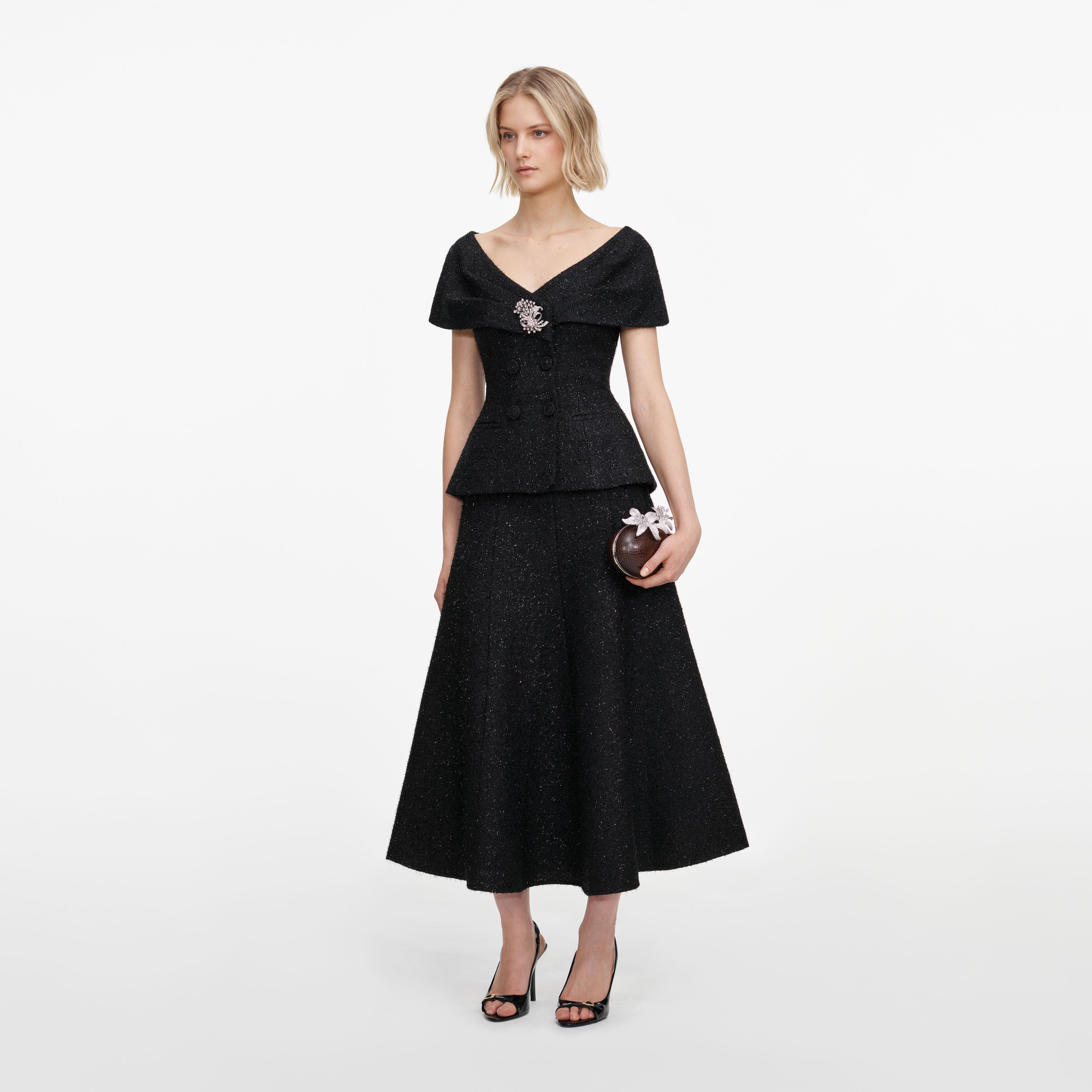 Black Tinsel Boucle Brooch Midi Dress