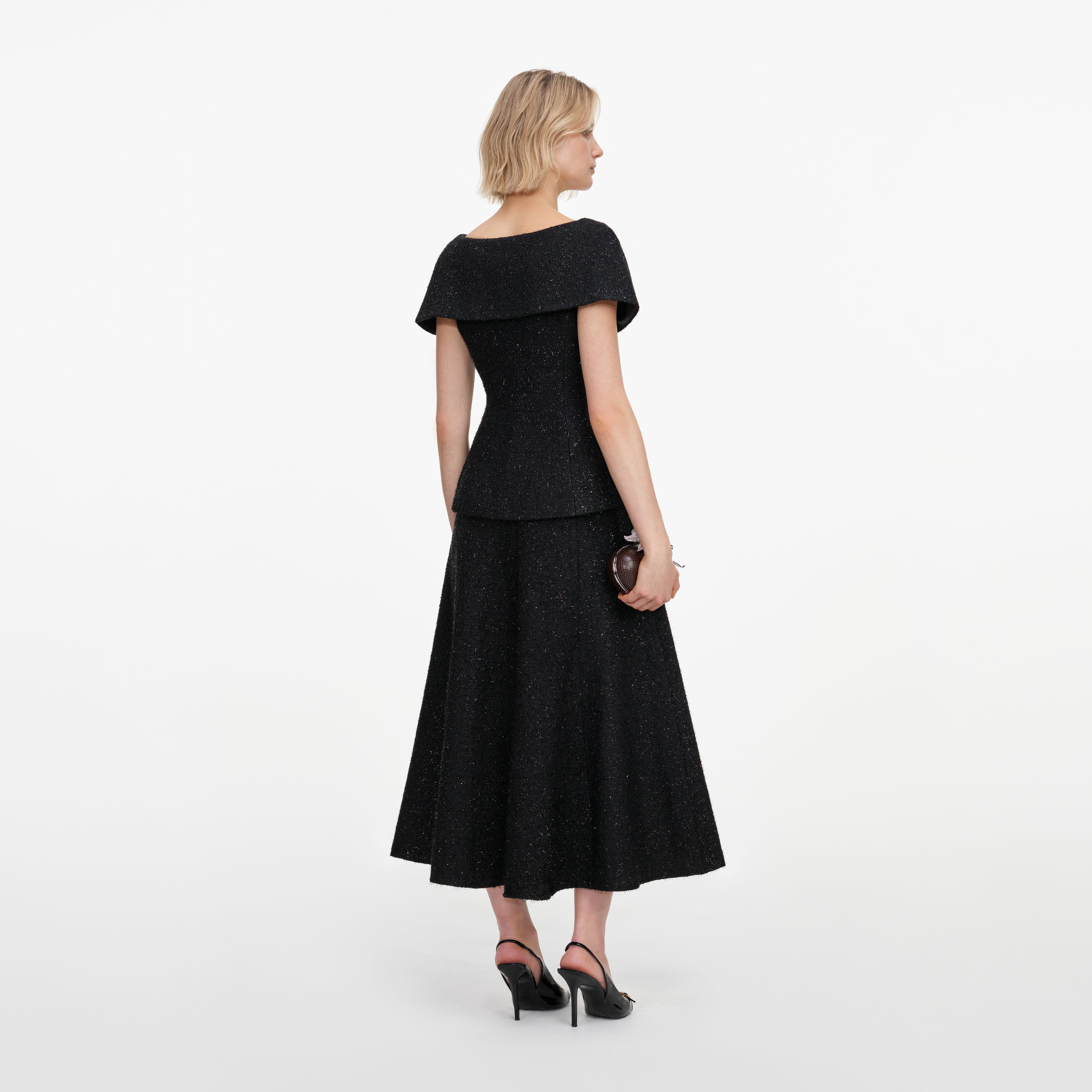 Black Tinsel Boucle Brooch Midi Dress