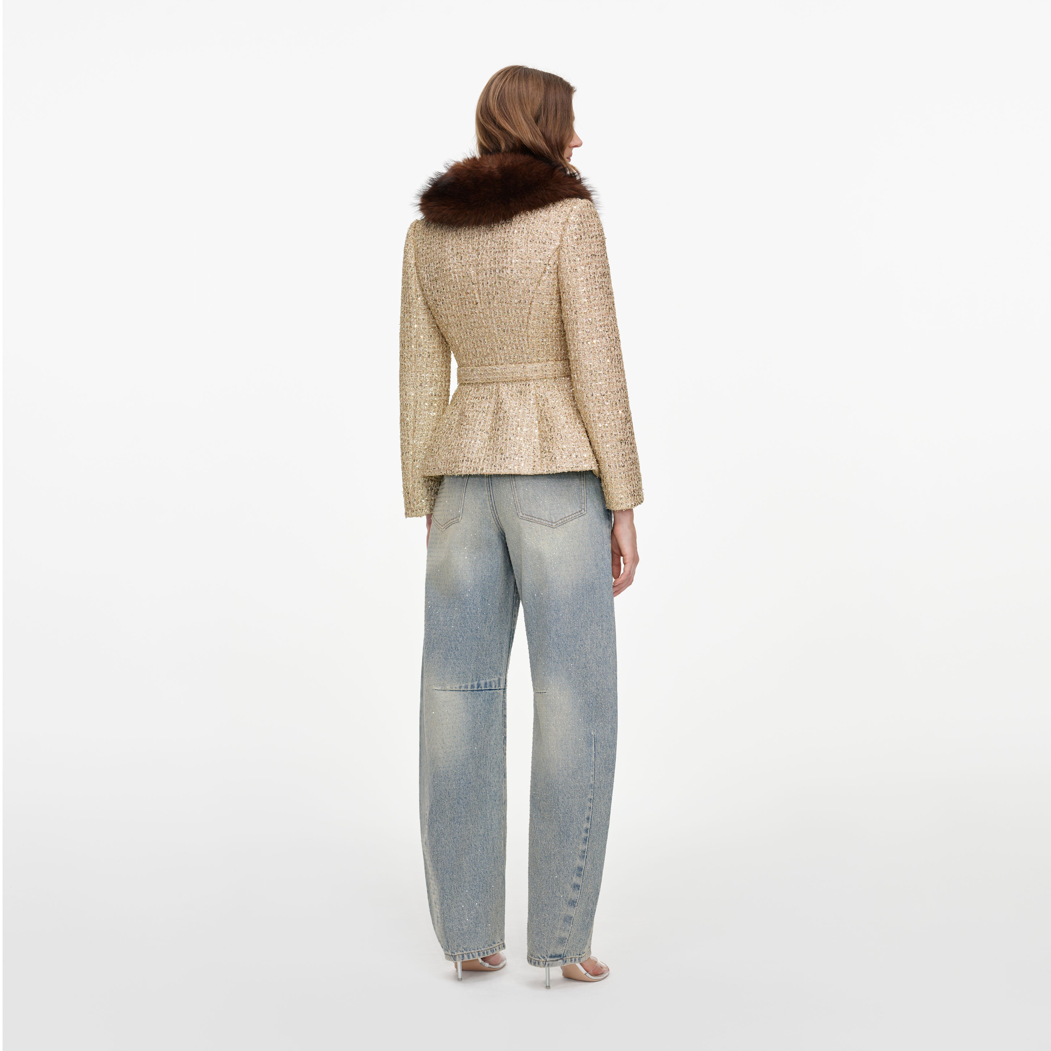 Gold Sequin Boucle Fur Collar Jacket