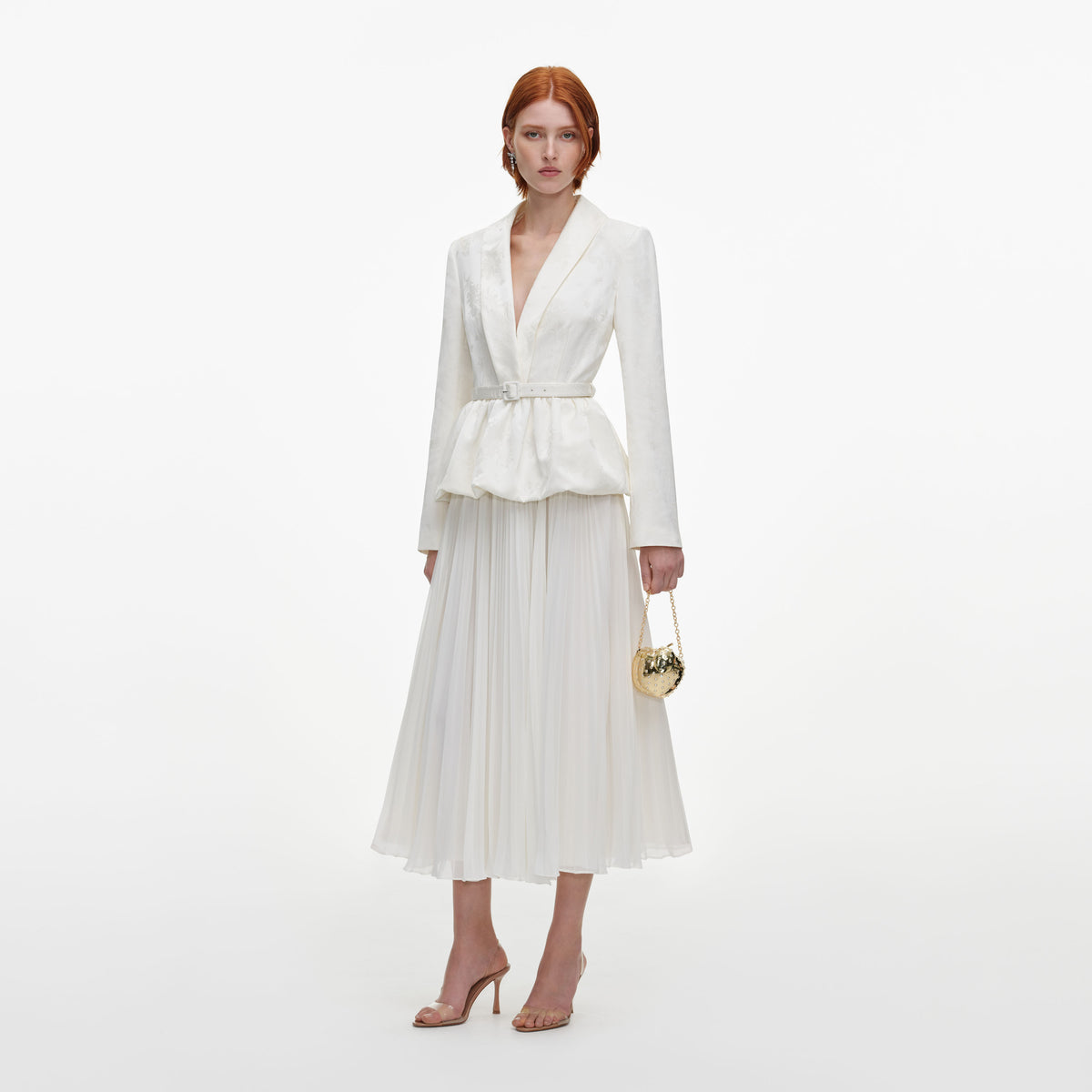 Side view of a woman wearing the Cream Jacquard Tailored Midi Dress