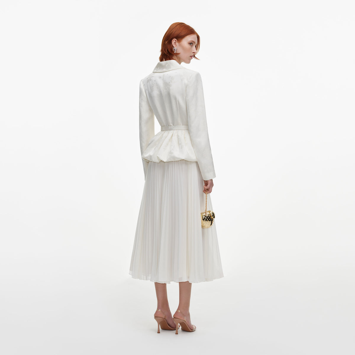 Back view of a woman wearing the Cream Jacquard Tailored Midi Dress