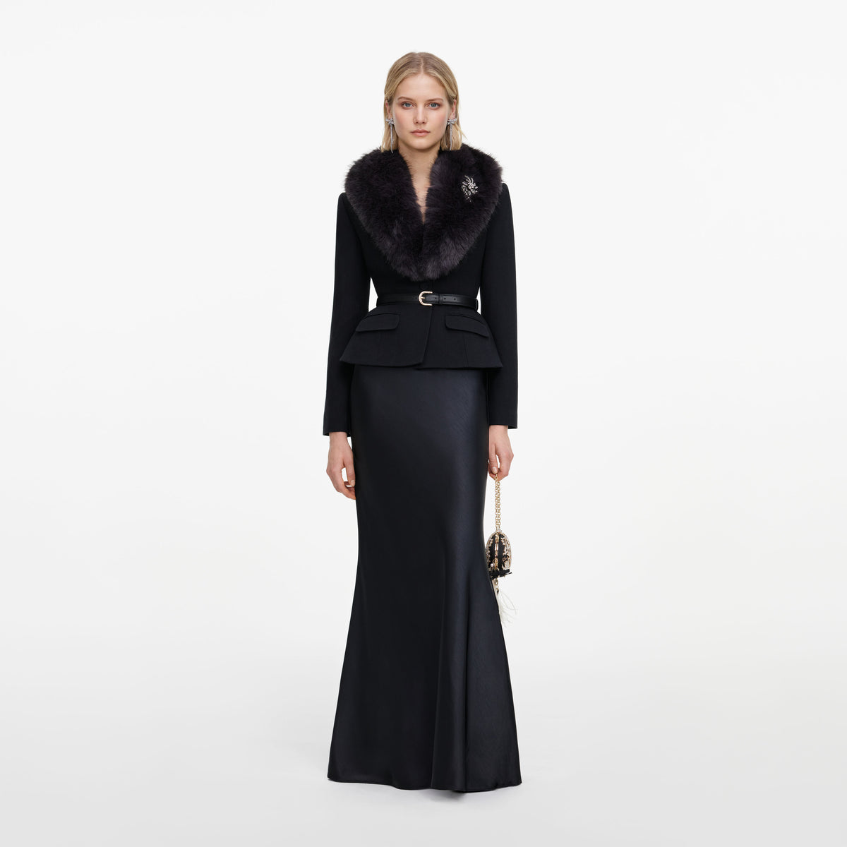 Front view of a woman wearing the Black Tailored Fur Collar Maxi Dress