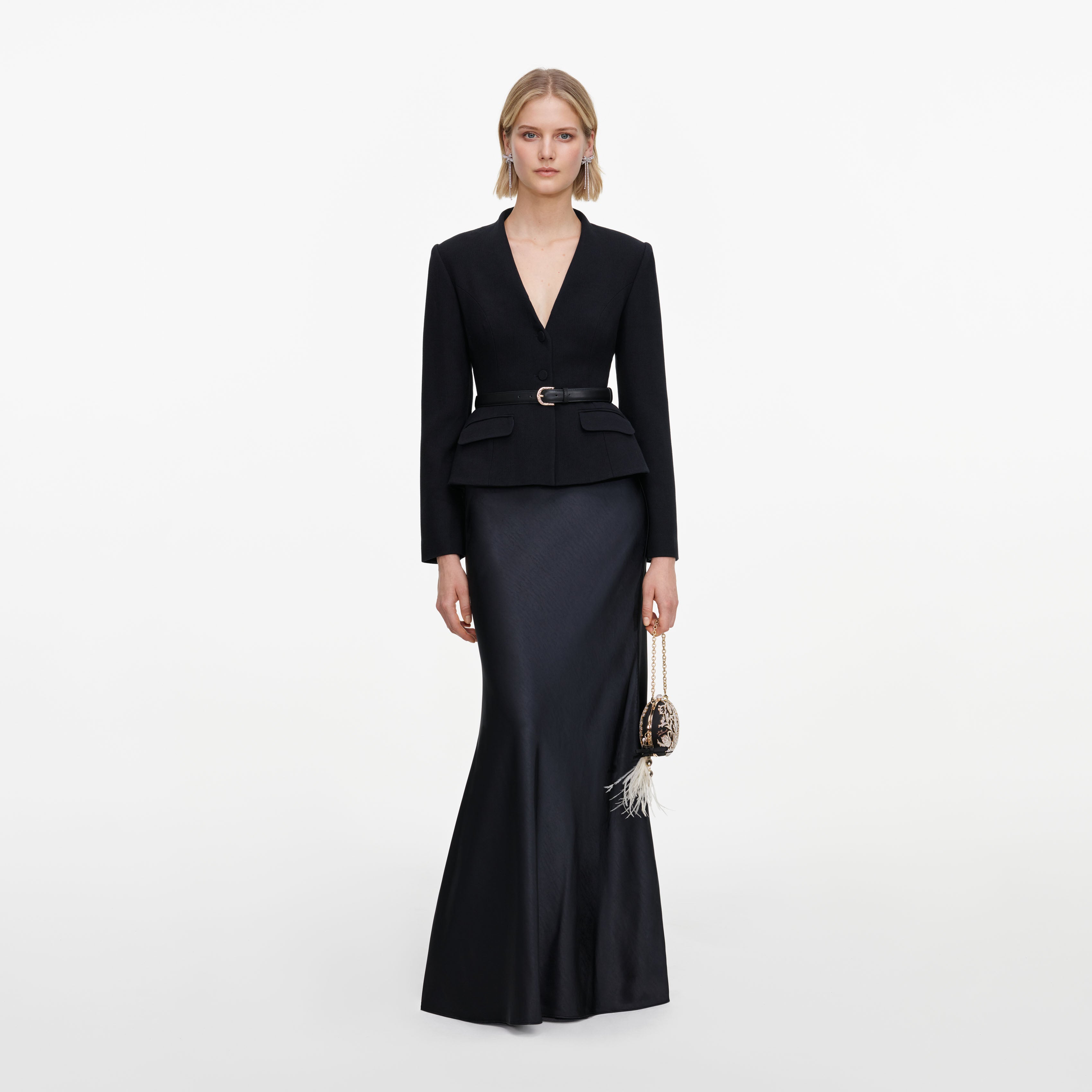 Black Tailored Fur Collar Maxi Dress