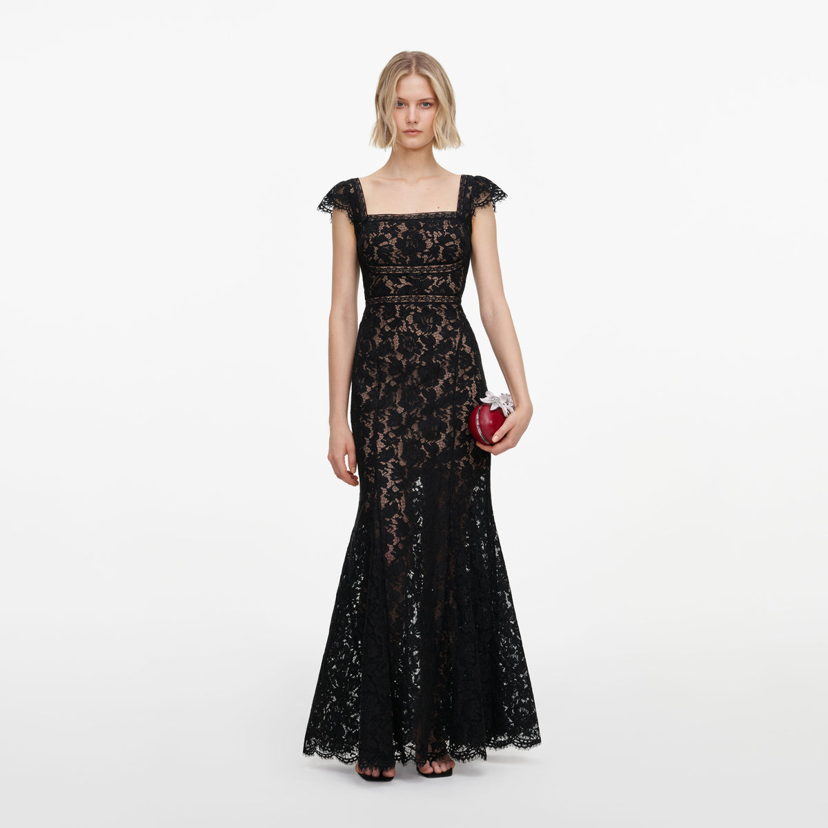 Front view of a woman wearing the Black Lace Square Neck Maxi Dress