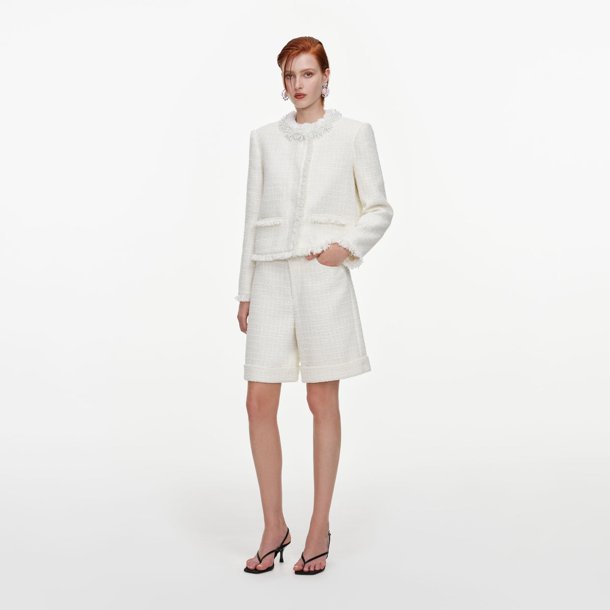 Cream Sequin Boucle Pearl Trim Jacket