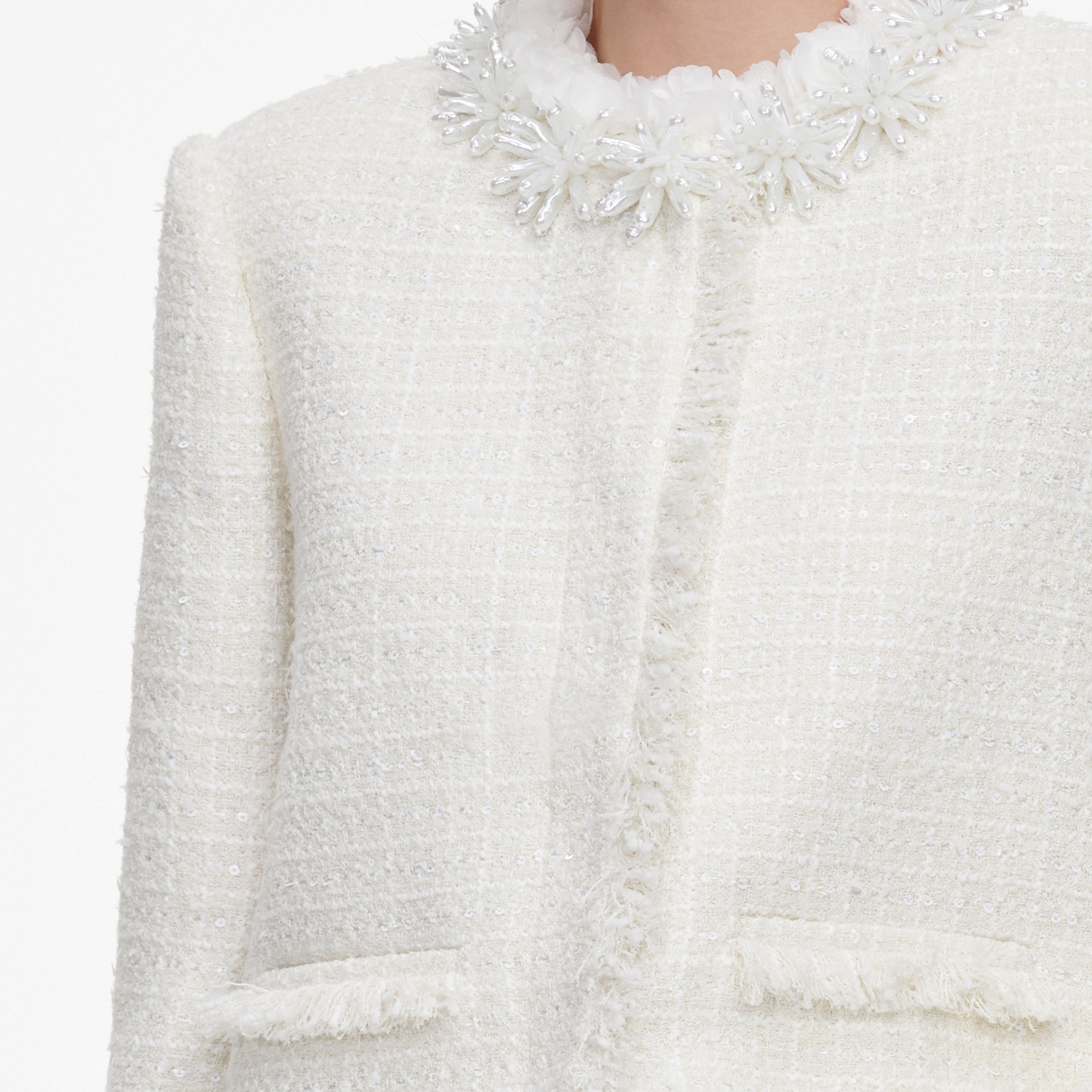 Cream Sequin Boucle Pearl Trim Jacket