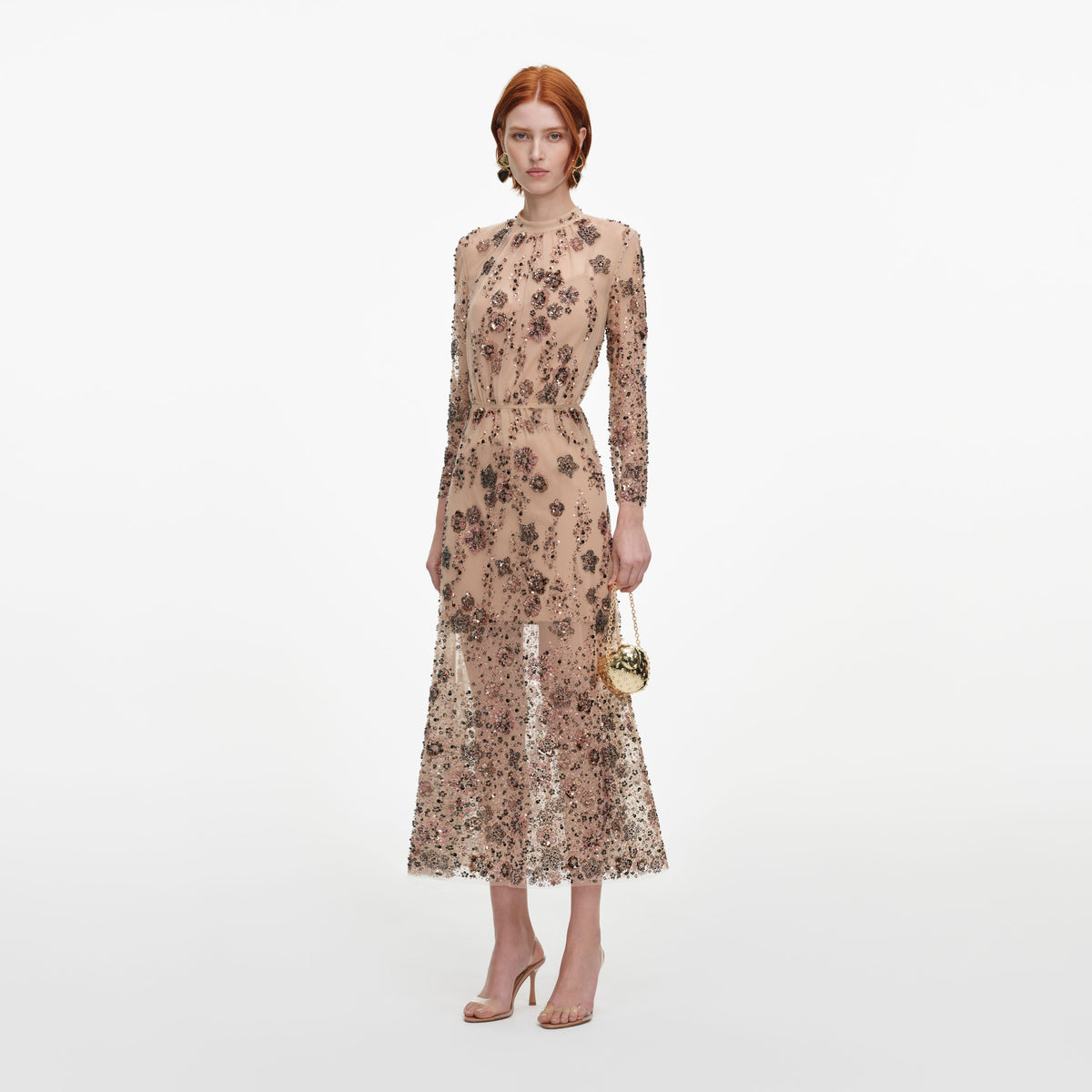 Side view of a woman wearing the Beige Sequin Embellished Midi Dress