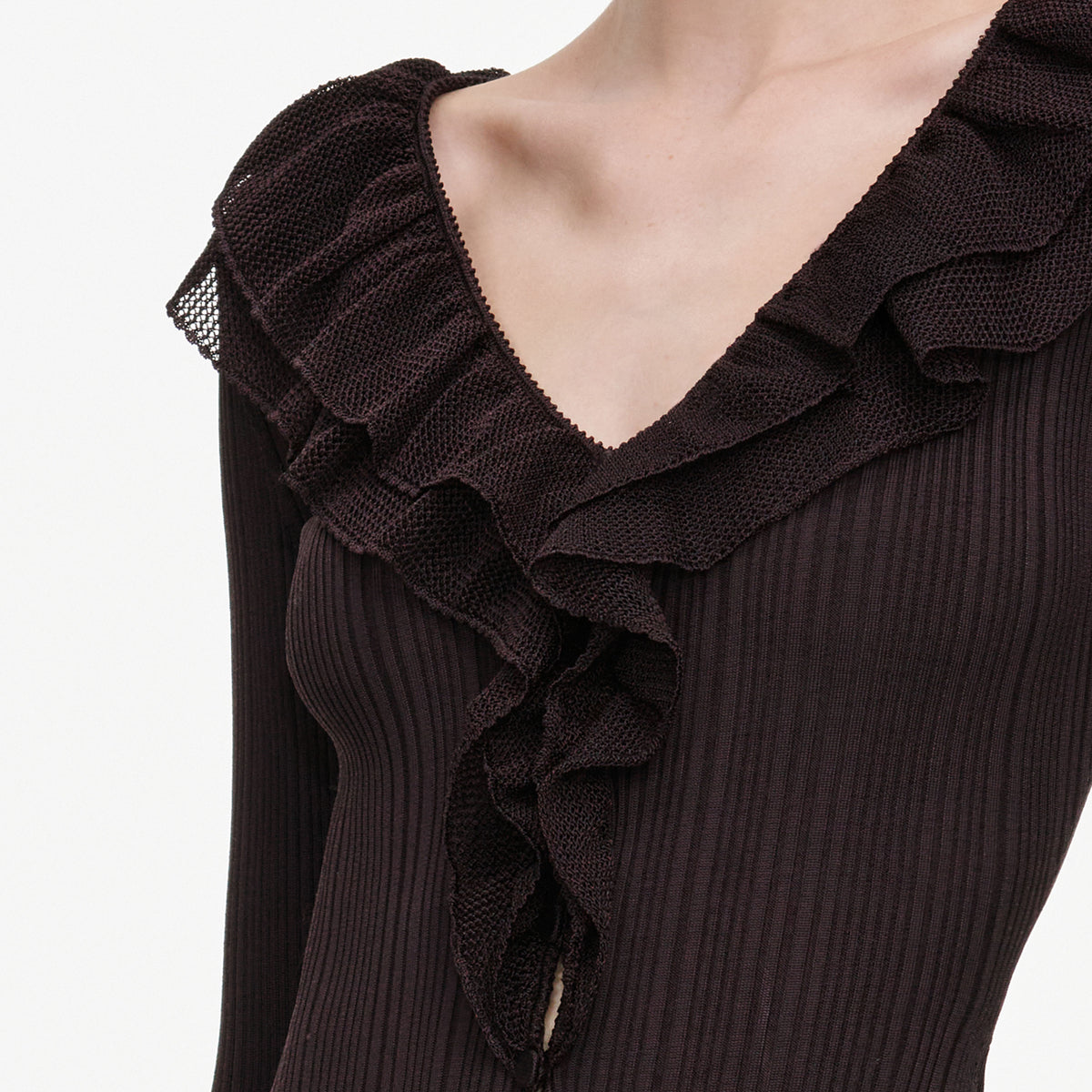 Brown Ruffle Knit Bodysuit