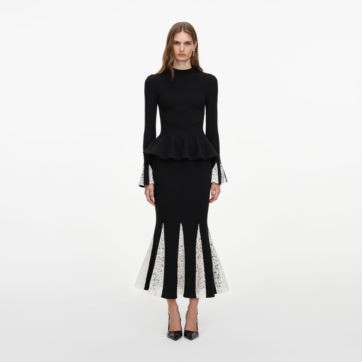 Black Lace Insert Knit Midi Dress