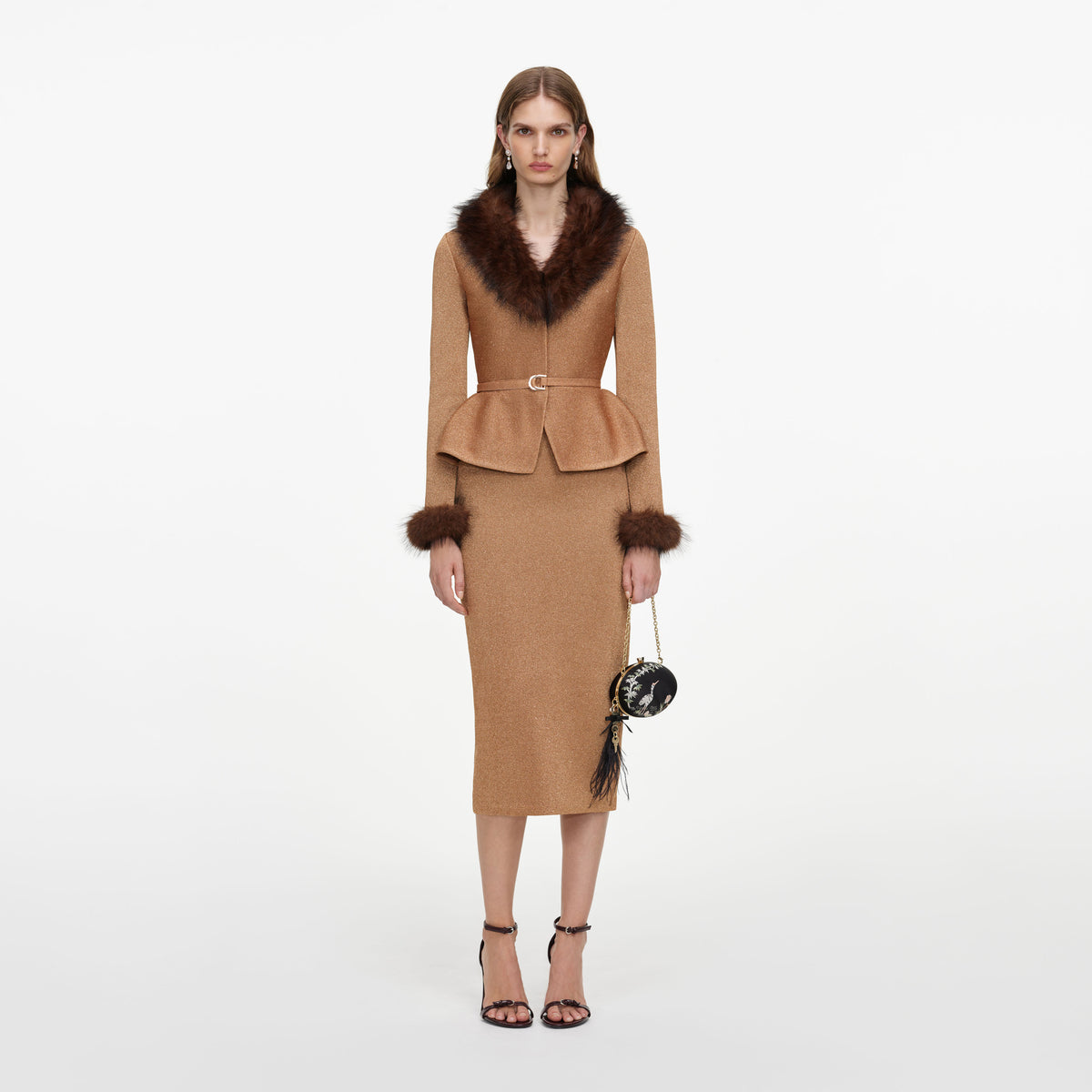 Gold Fur Collar Knit Midi Dress