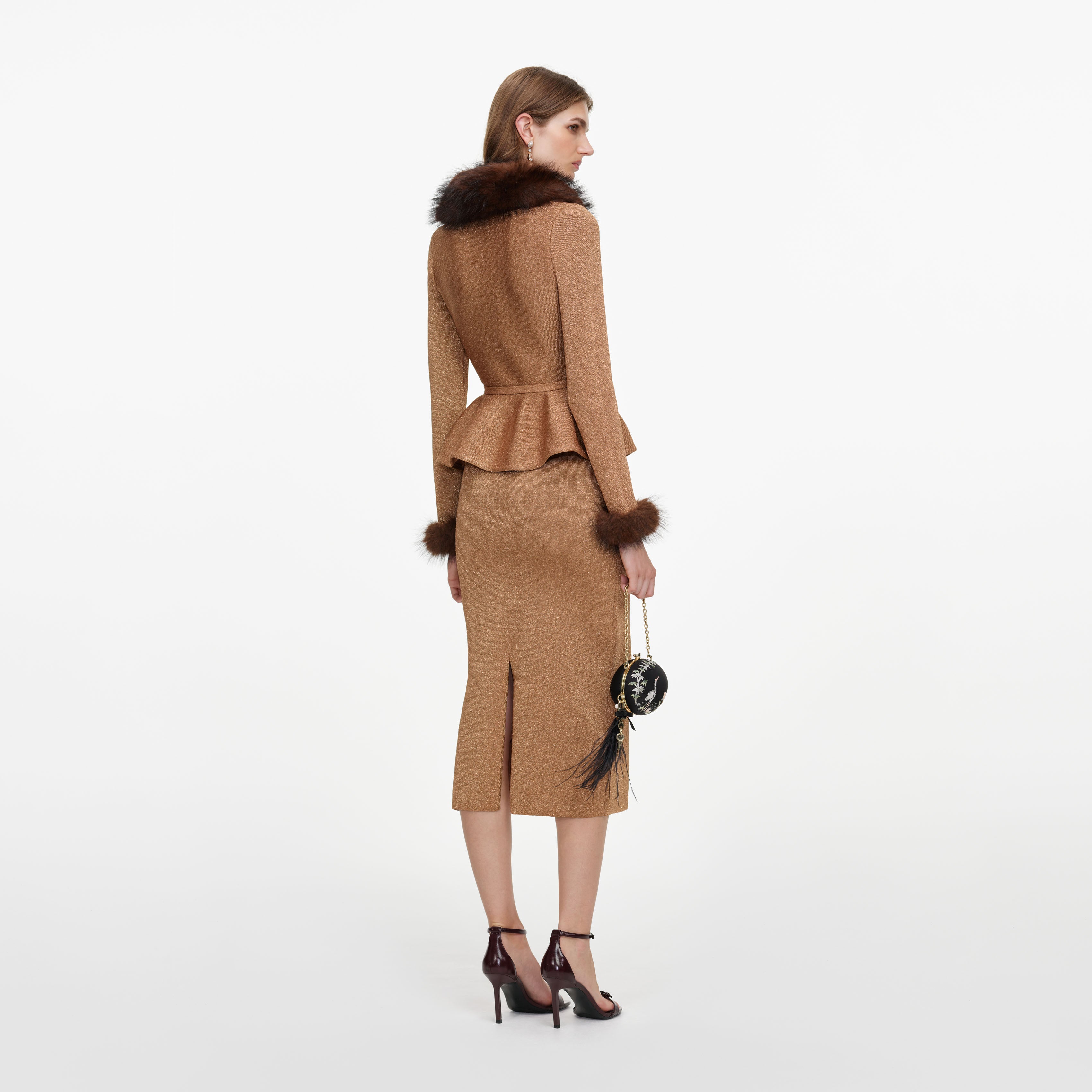 Gold Fur Collar Knit Midi Dress