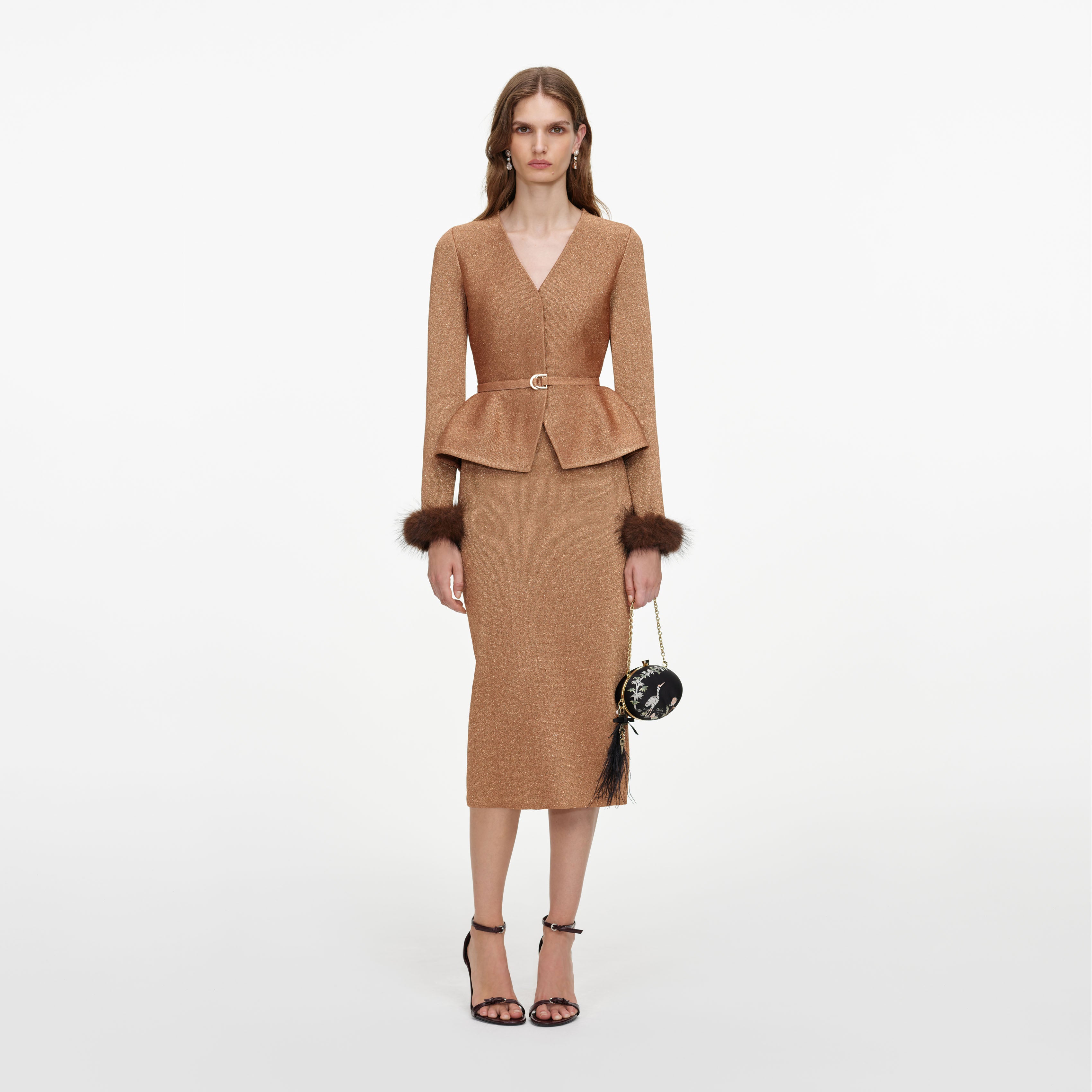 Gold Fur Collar Knit Midi Dress