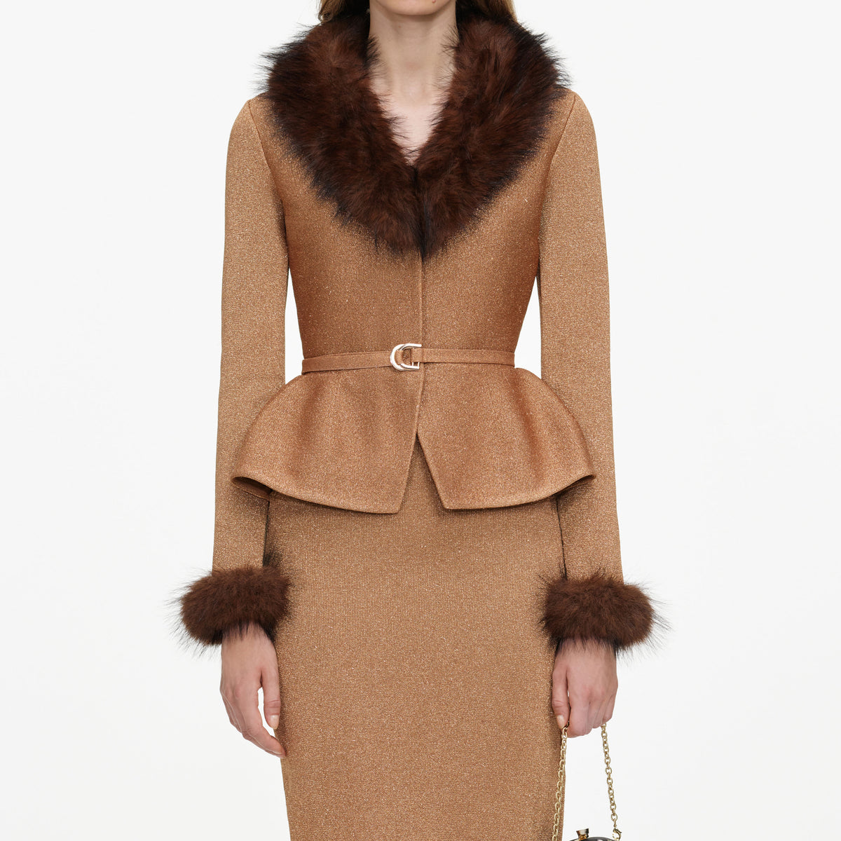 Gold Fur Collar Knit Midi Dress