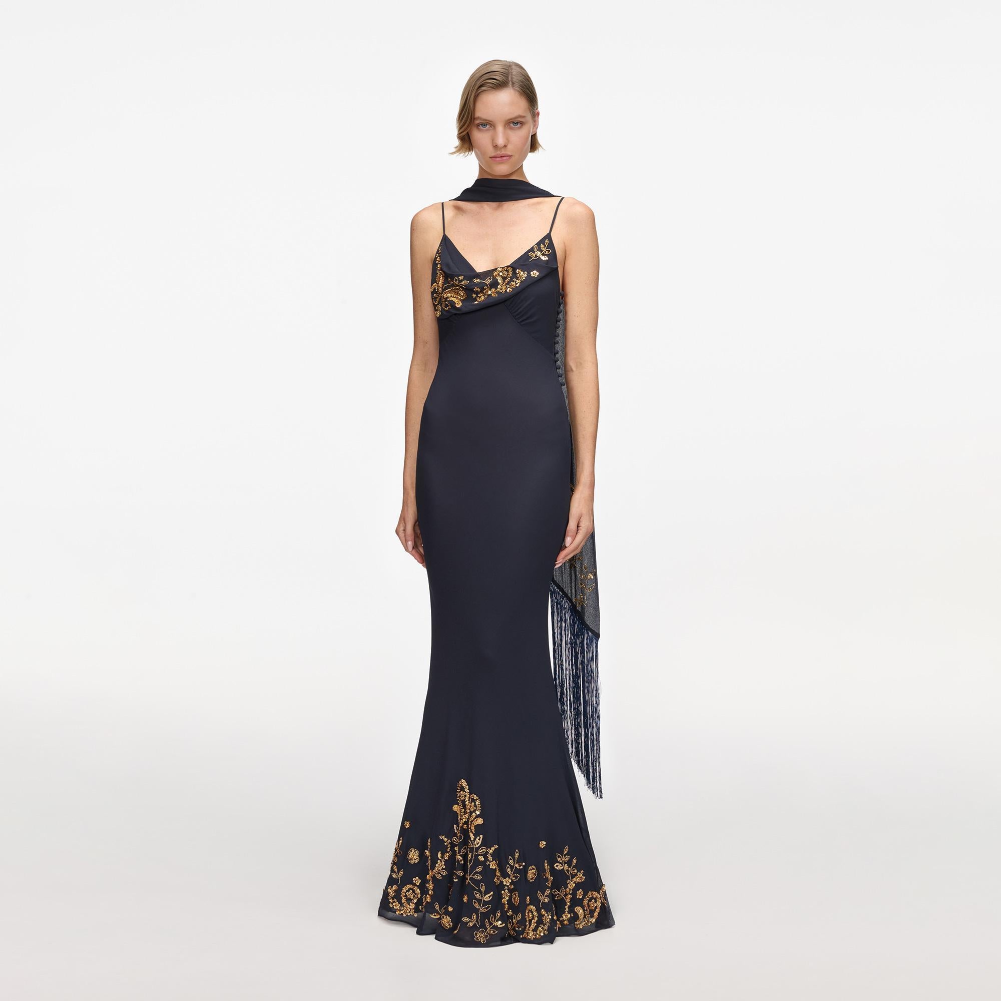 Navy Embellished Georgette Scarf Maxi Dress