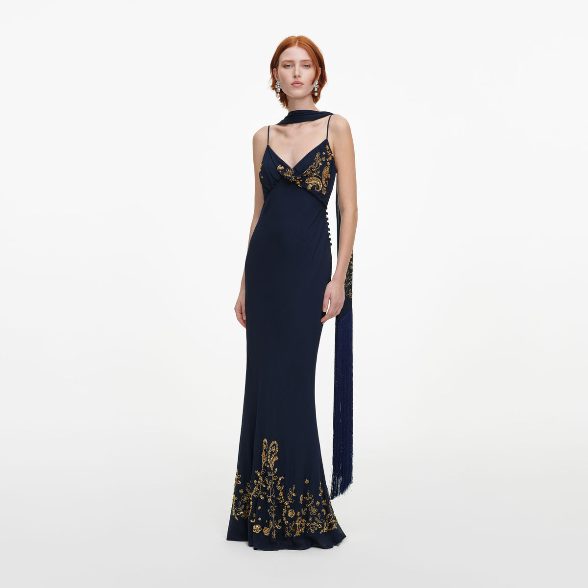 Navy Embellished Georgette Scarf Maxi Dress
