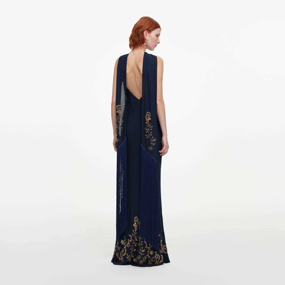 Back view of a woman wearing the Navy Embellished Georgette Scarf Maxi Dress