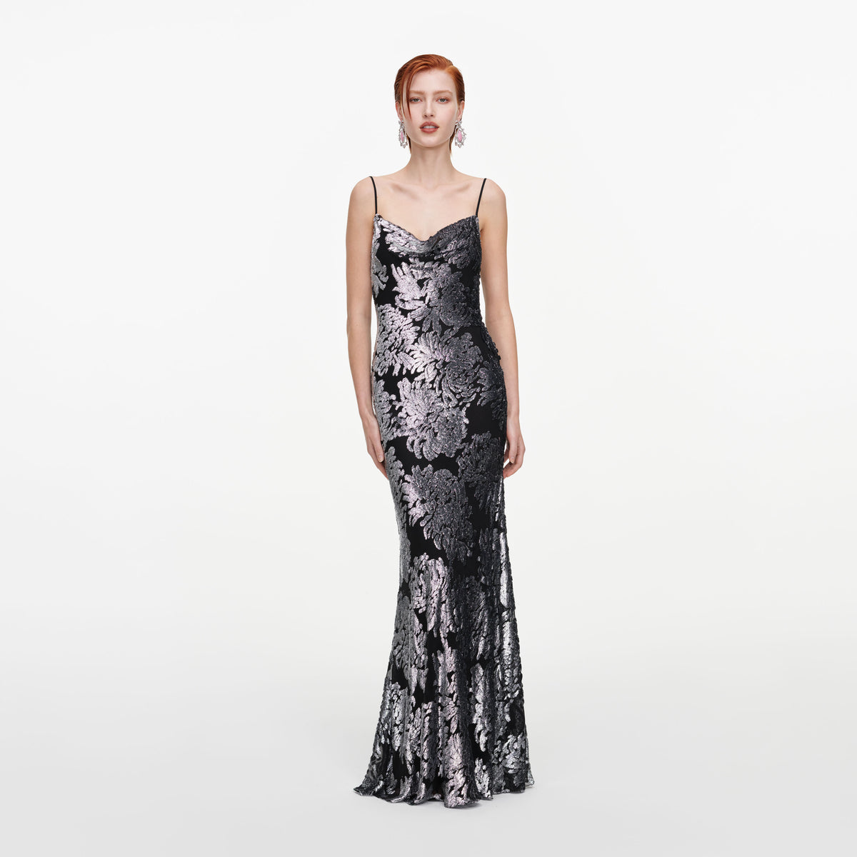 Front view of a woman wearing the Silver Fil Coupe Maxi Dress