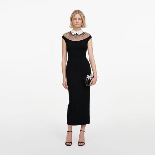 Front view of a woman wearing the Black Crepe Contrast Collar Midi Dress