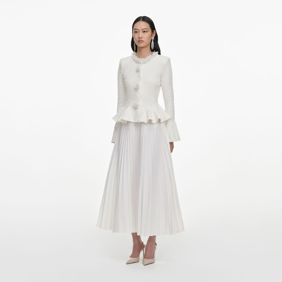 White Textured Knit Chiffon Midi Dress