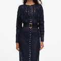 Navy Lace Button Midi Dress