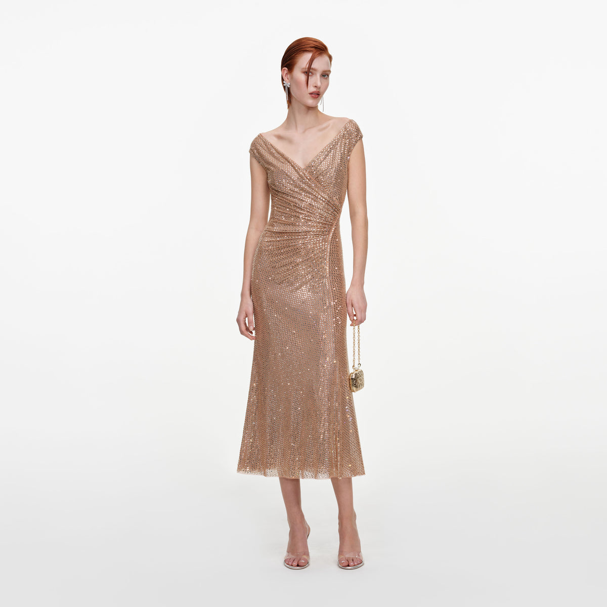 Front view of a woman wearing the Gold Rhinestone Off Shoulder Midi Dress