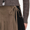 Brown Twill Lace Pleated Midi Skirt