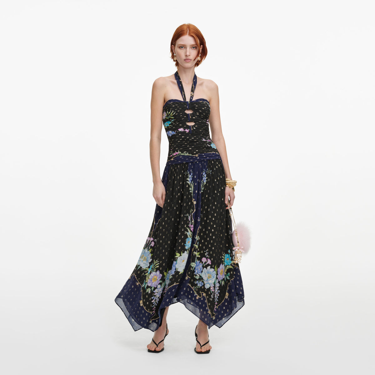 Front view of a woman wearing the Navy Metallic Chiffon Midi Dress