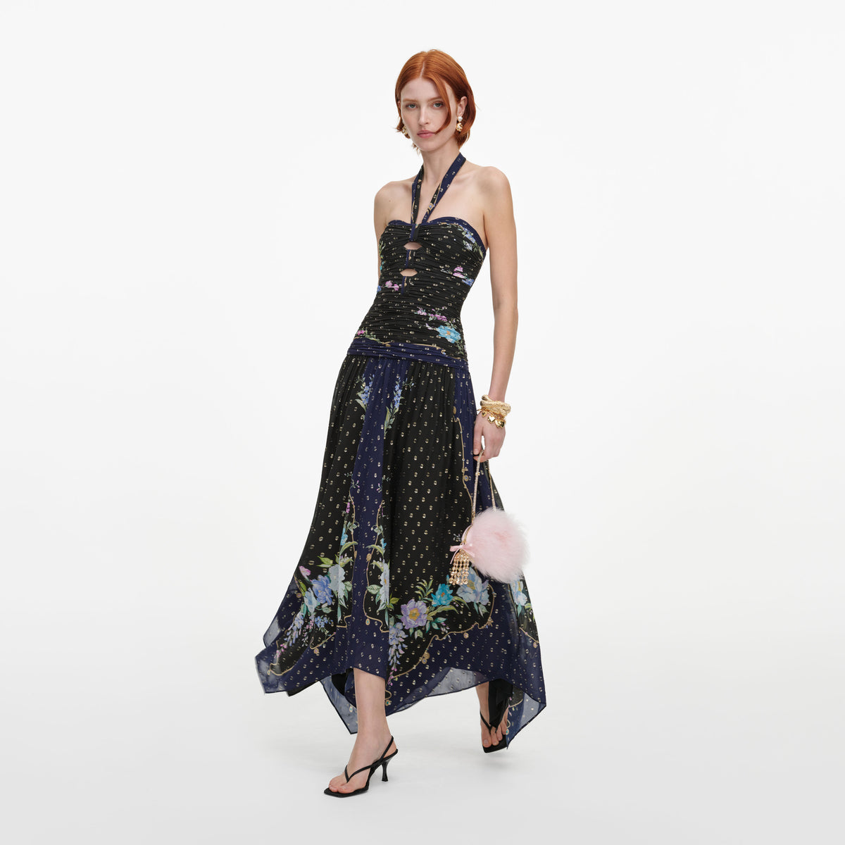 Navy Metallic Chiffon Midi Dress