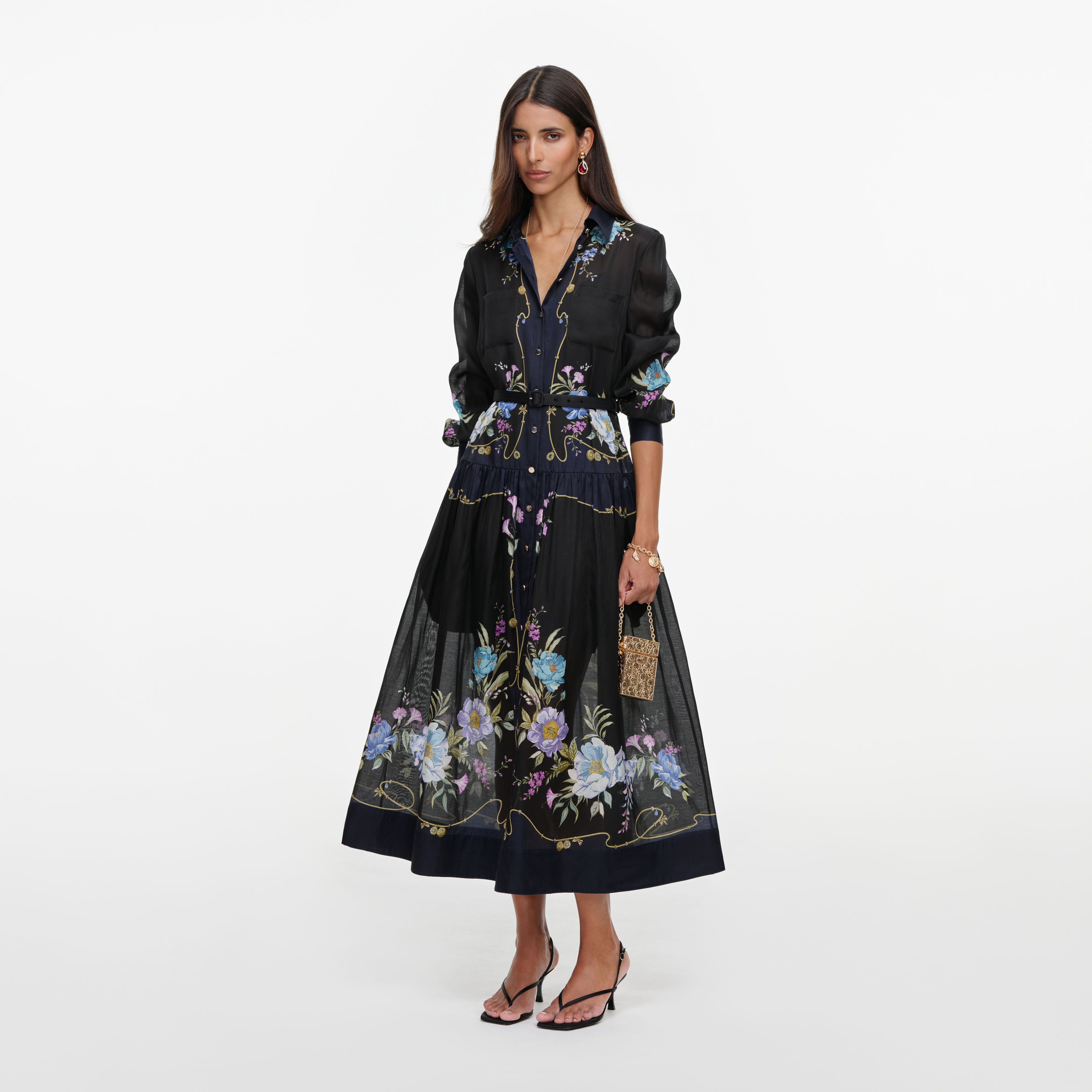 Navy Floral Organza Midi Dress
