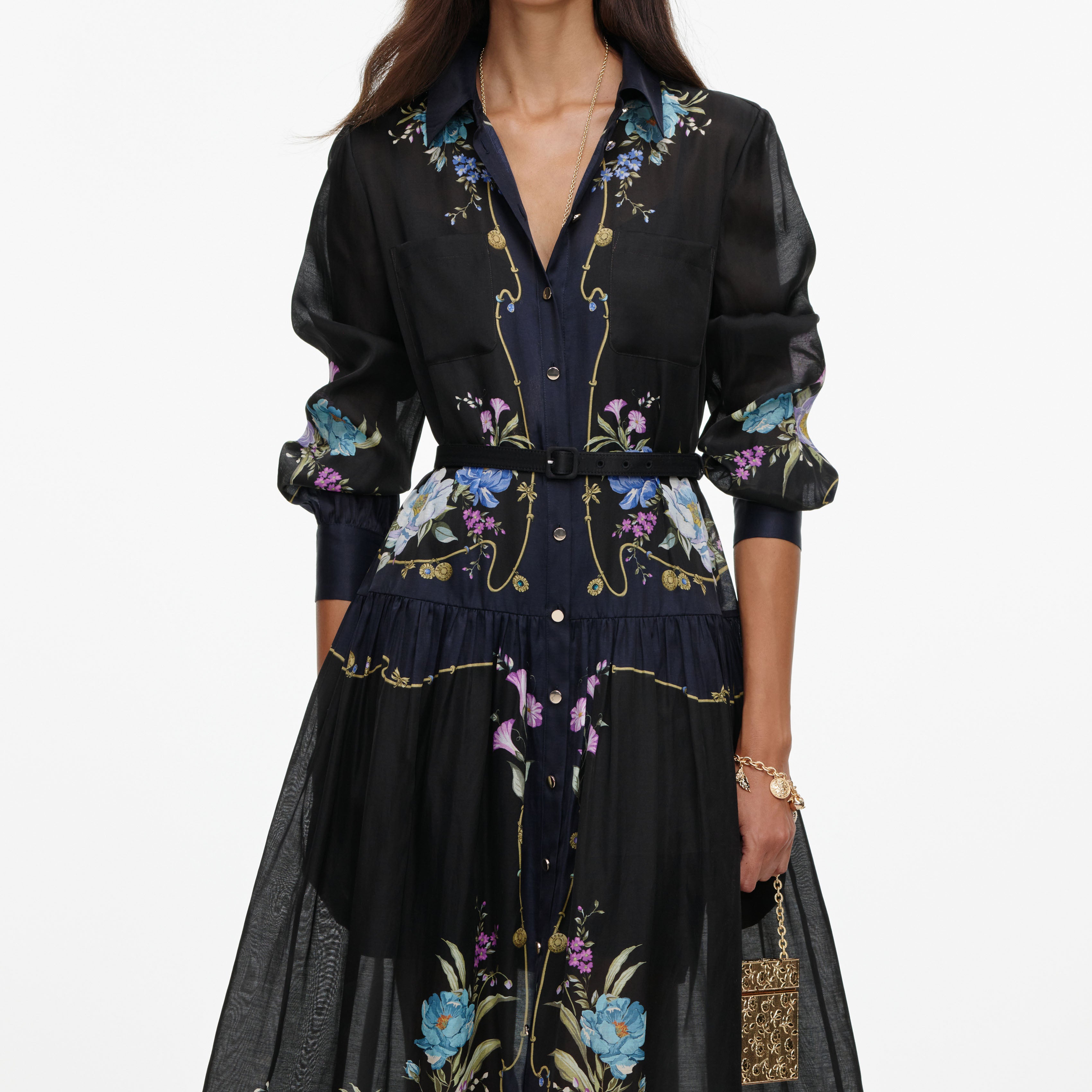 Navy Floral Organza Midi Dress