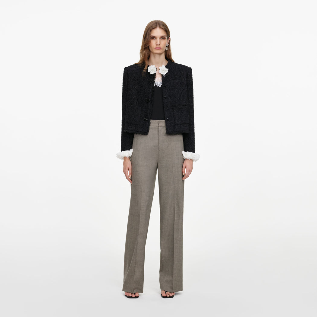 Front view of a woman wearing the Brown Twill Tailored Trousers