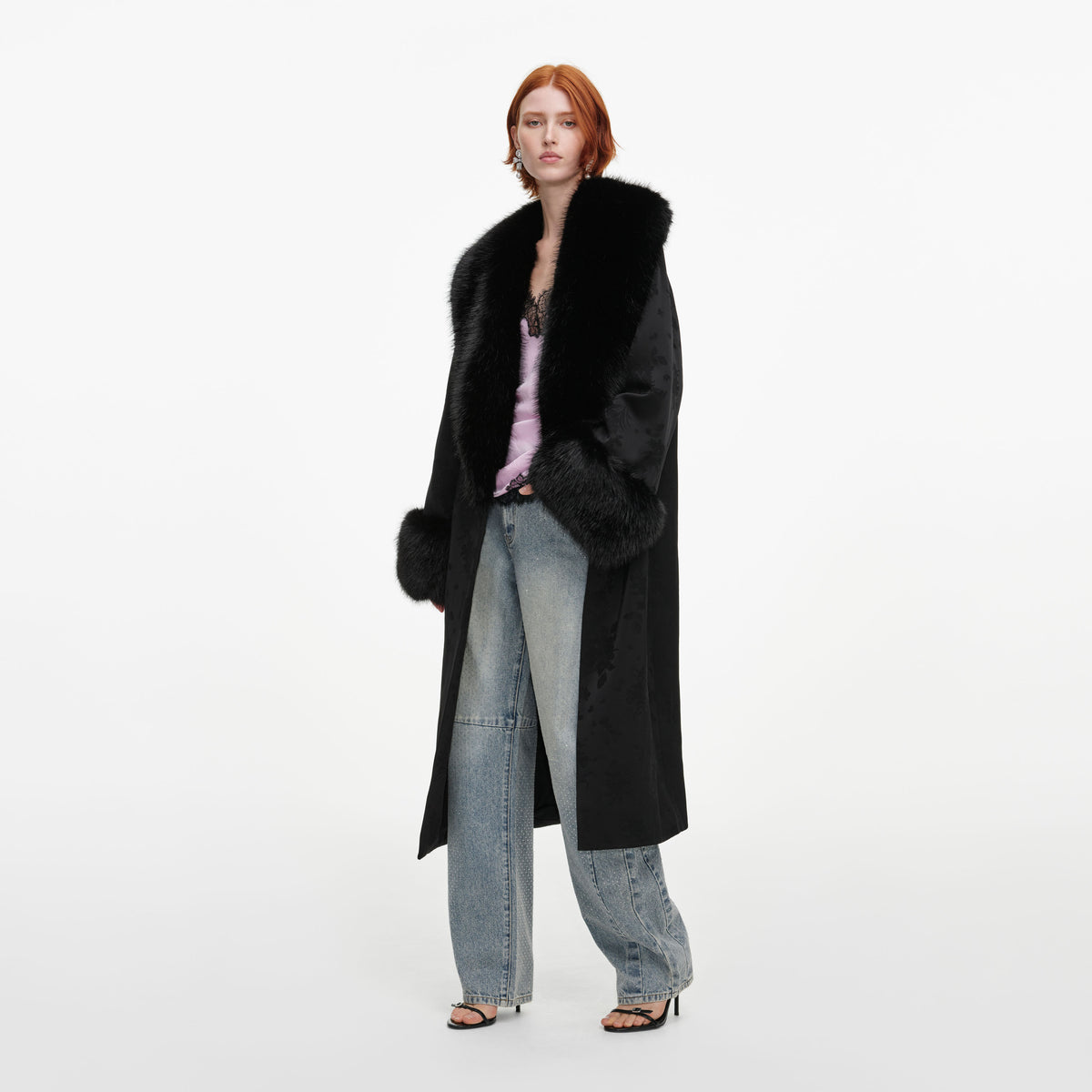 Black Jacquard Fur Collar Coat