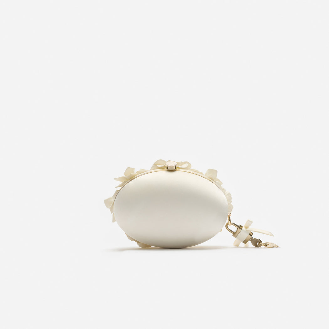 Cream Satin Floral Oval Clutch Bag