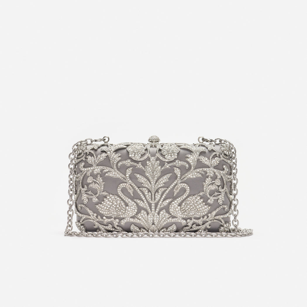 Silver Crystal Swan Clutch Bag