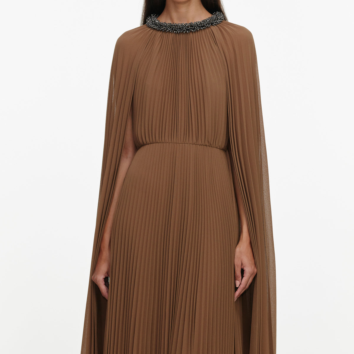 Brown Georgette Cape Maxi Dress