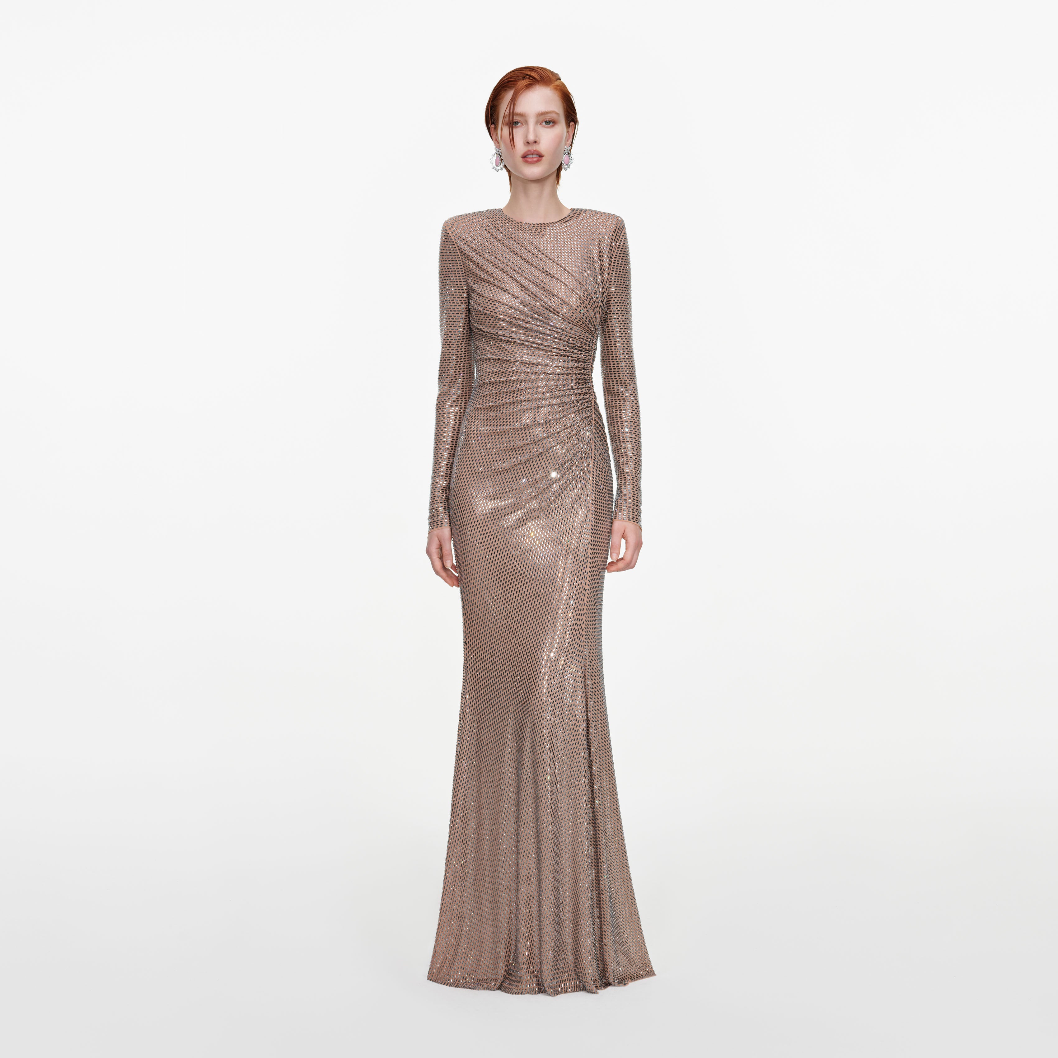 Tan Rhinestone Gathered Maxi Dress