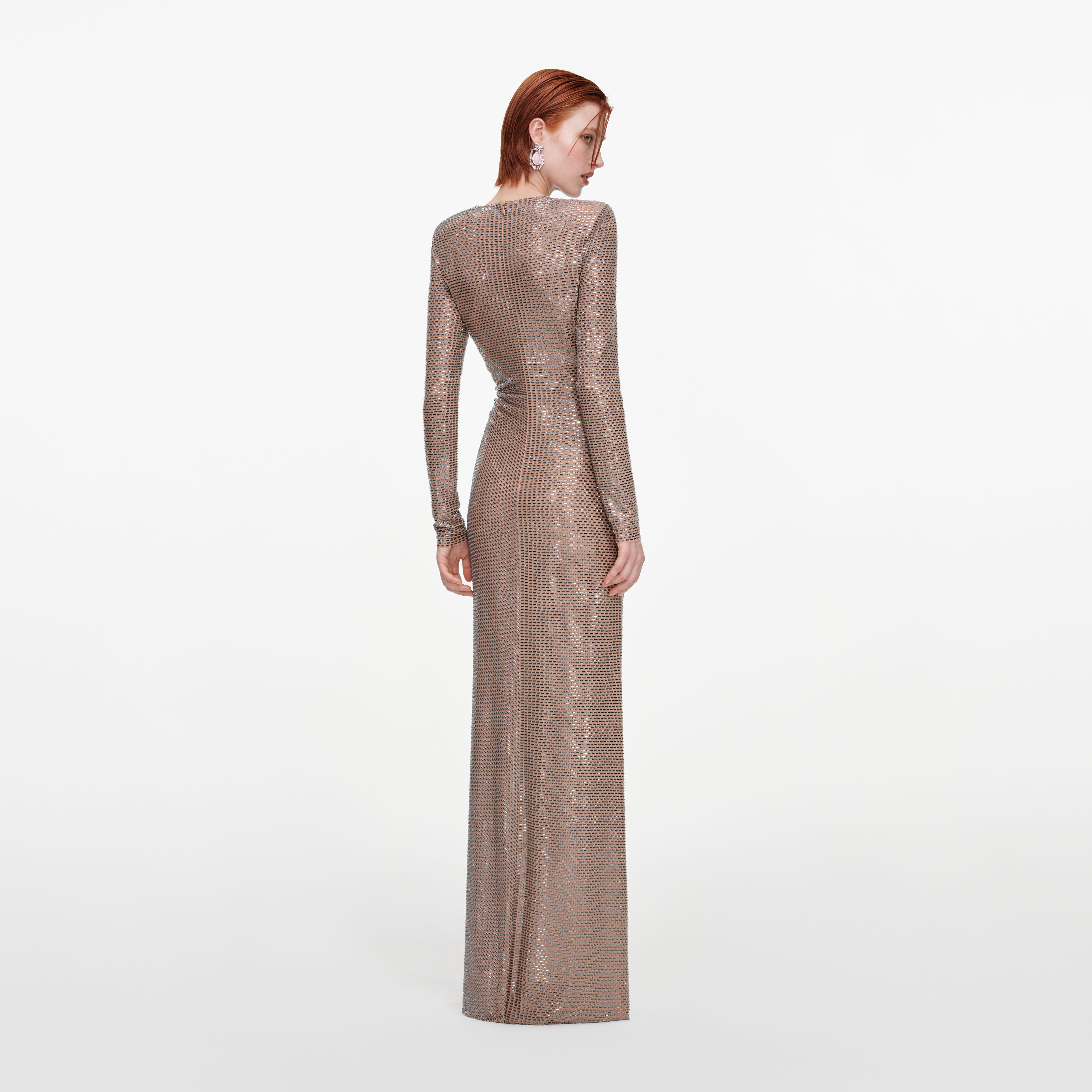 Tan Rhinestone Gathered Maxi Dress