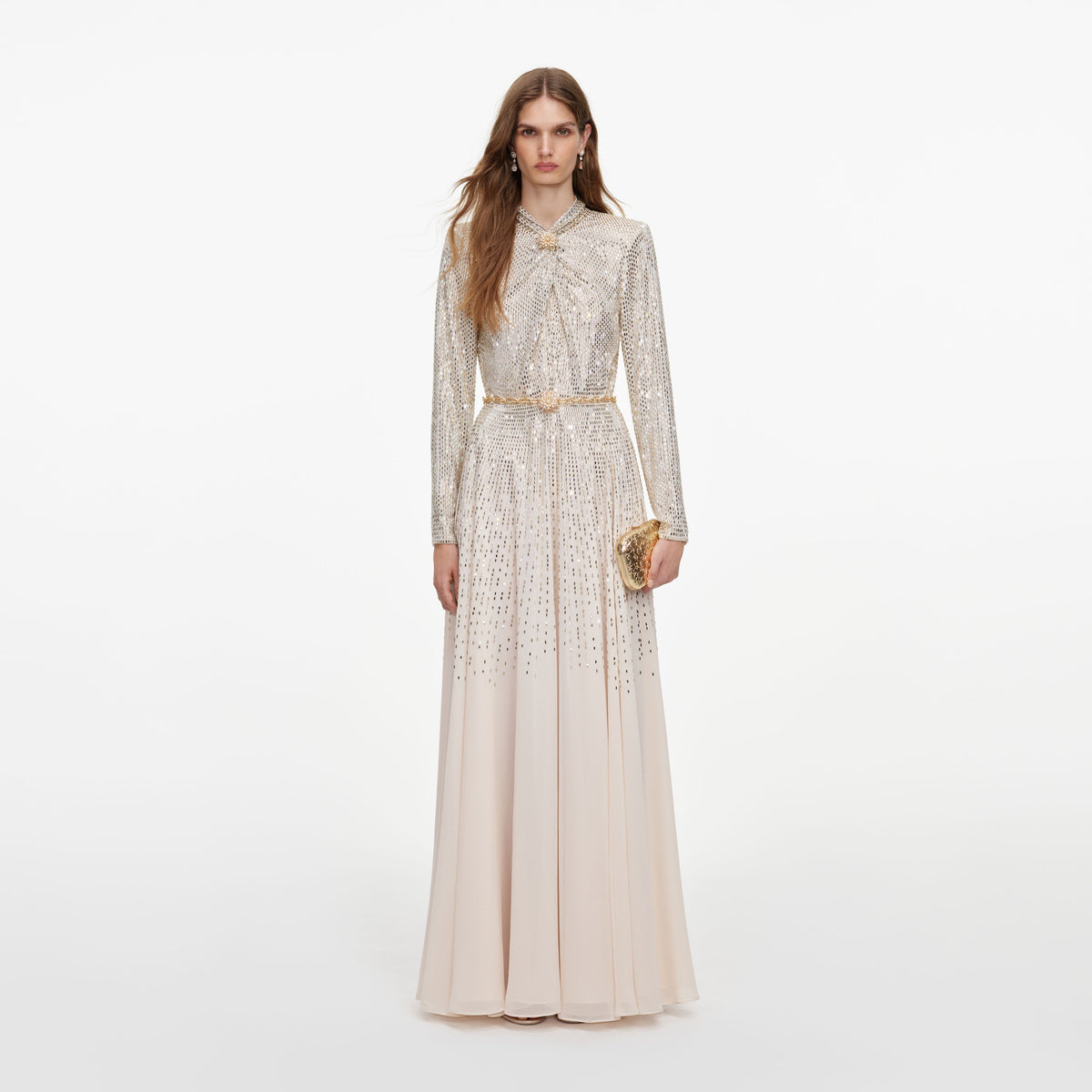 Front view of a woman wearing the Champagne Ombre Rhinestone Maxi Dress