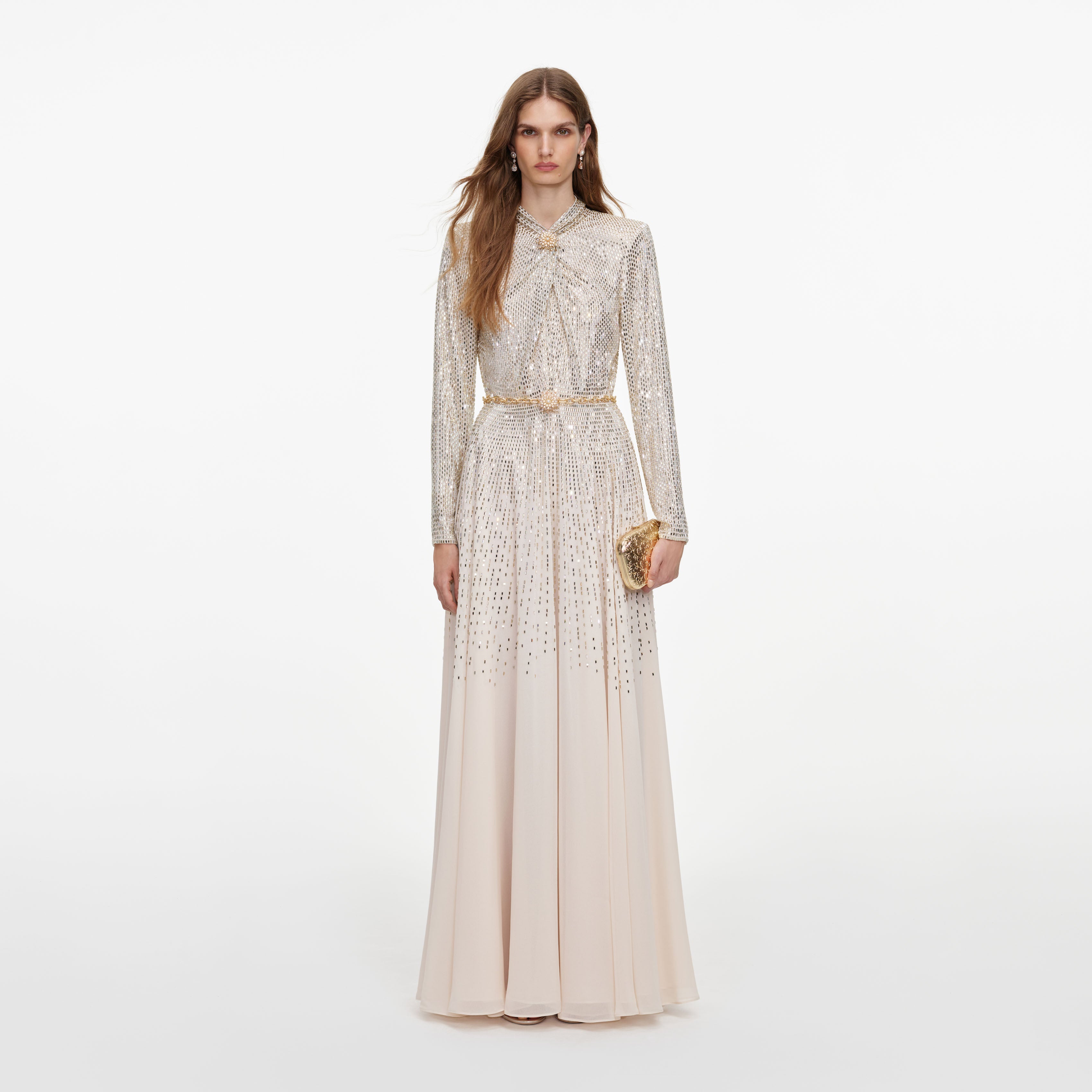 Champagne Ombre Rhinestone Twist Maxi Dress