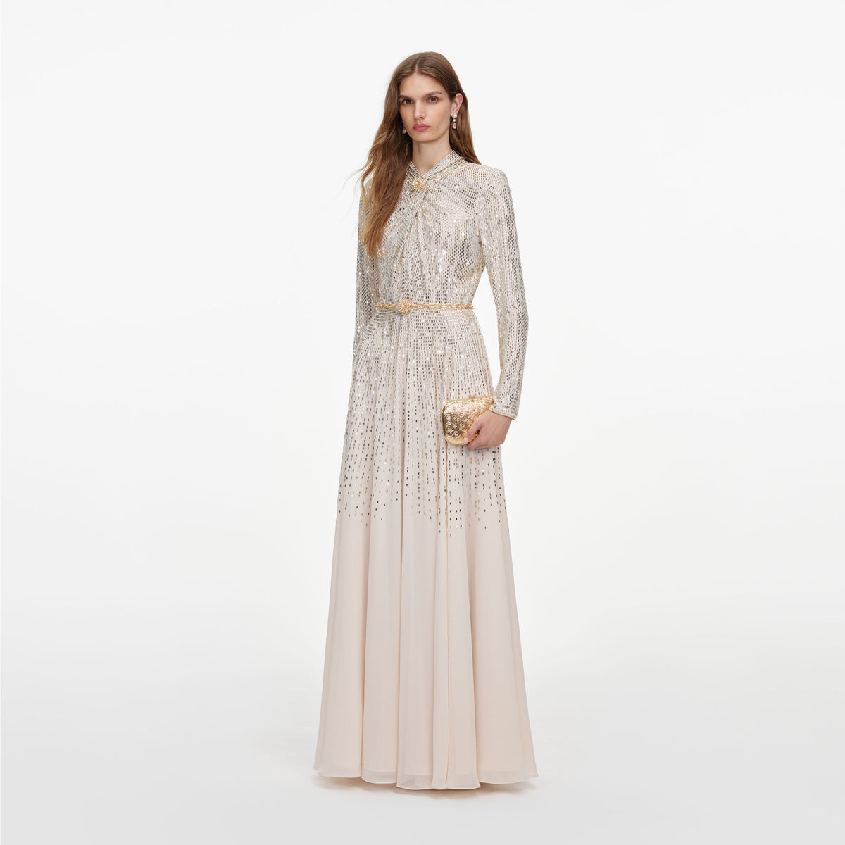 Side view of a woman wearing the Champagne Ombre Rhinestone Maxi Dress