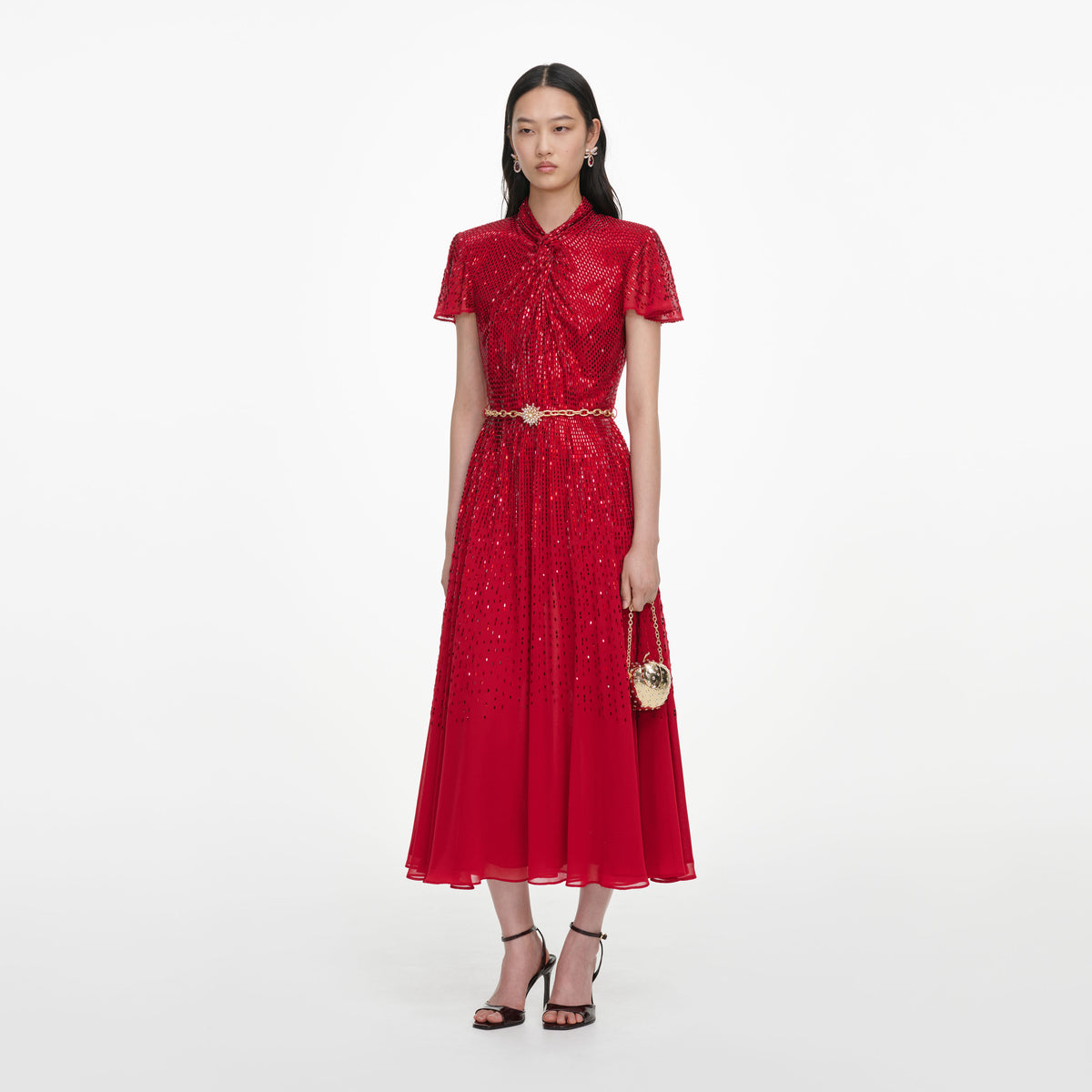 Red Ombre Rhinestone Twist Midi Dress