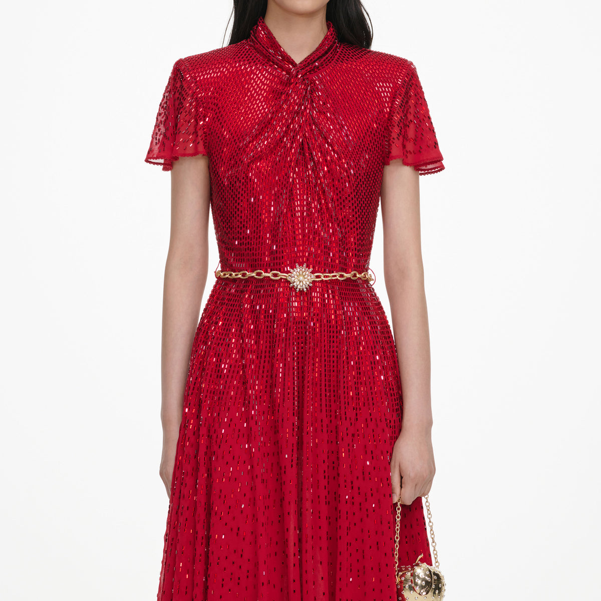 Red Ombre Rhinestone Twist Midi Dress