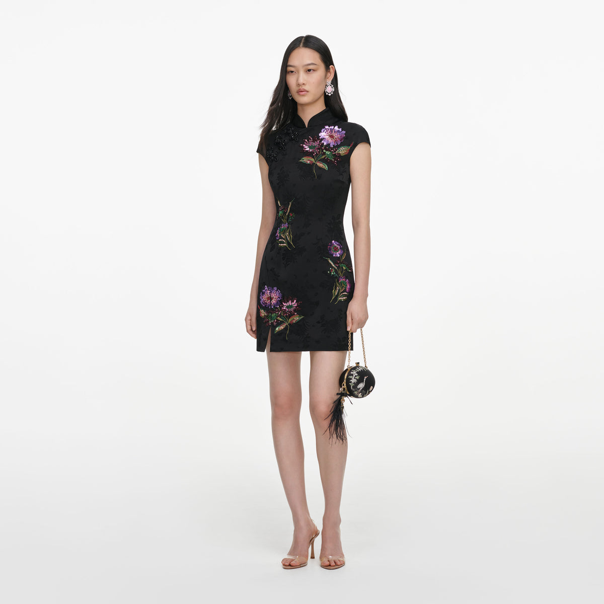 Black Jacquard Sequin Embroidered Mini Dress