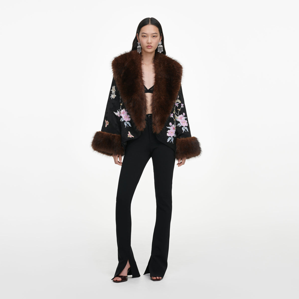 Black Floral Jacquard Fur Collar Coat