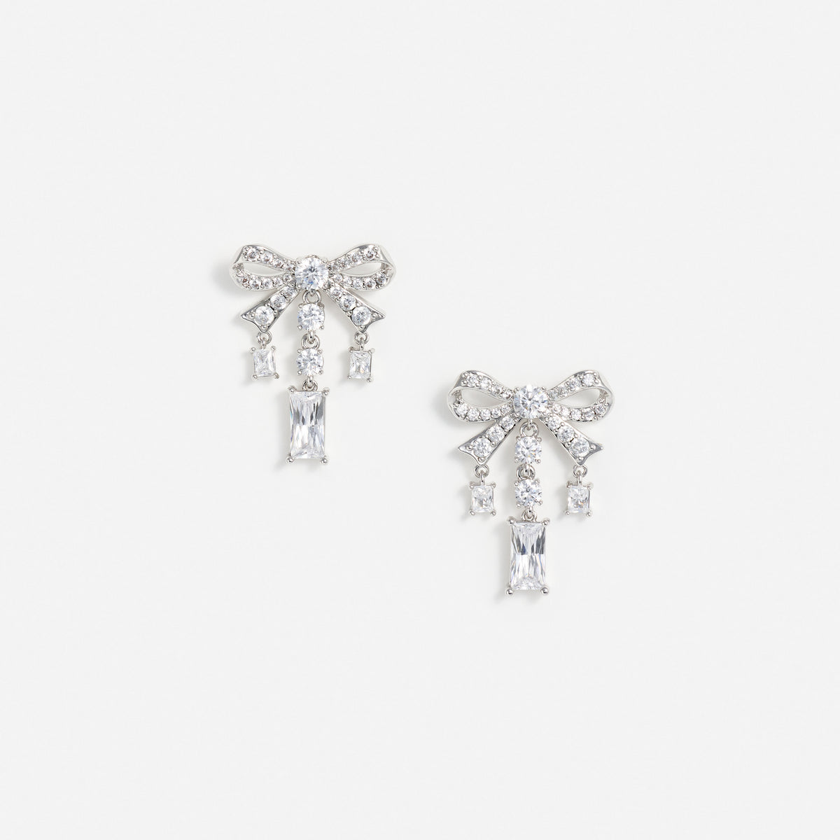 Silver Crystal Bow Droplet Earrings