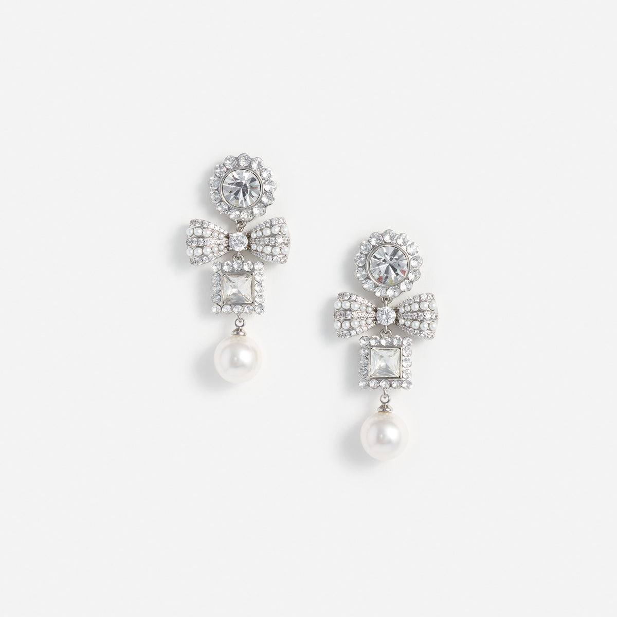 Silver Crystal Bow Pearl Tiered Earrings