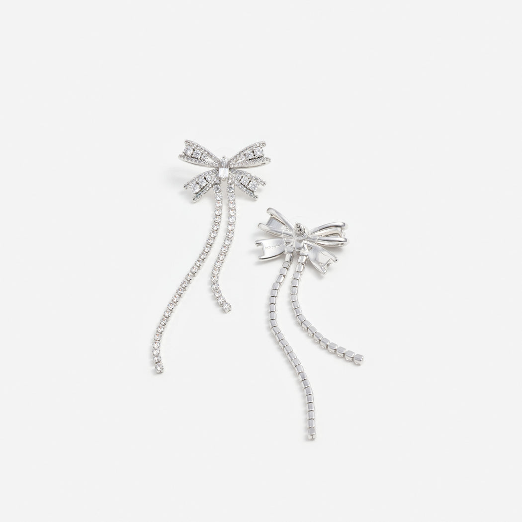 Silver Crystal Bow Dangle Earrings