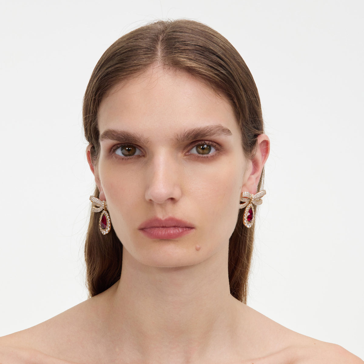 Gold Crystal Bow Ruby Earrings