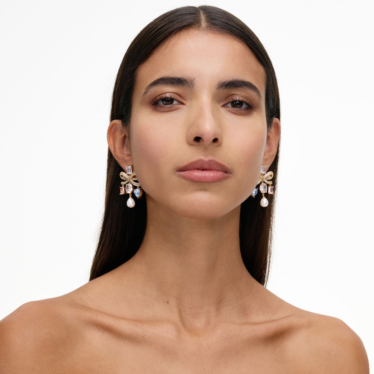Gold Multi Crystal Bow Droplet Earrings