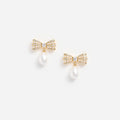 Gold Crystal Bow Pearl Droplet Earrings